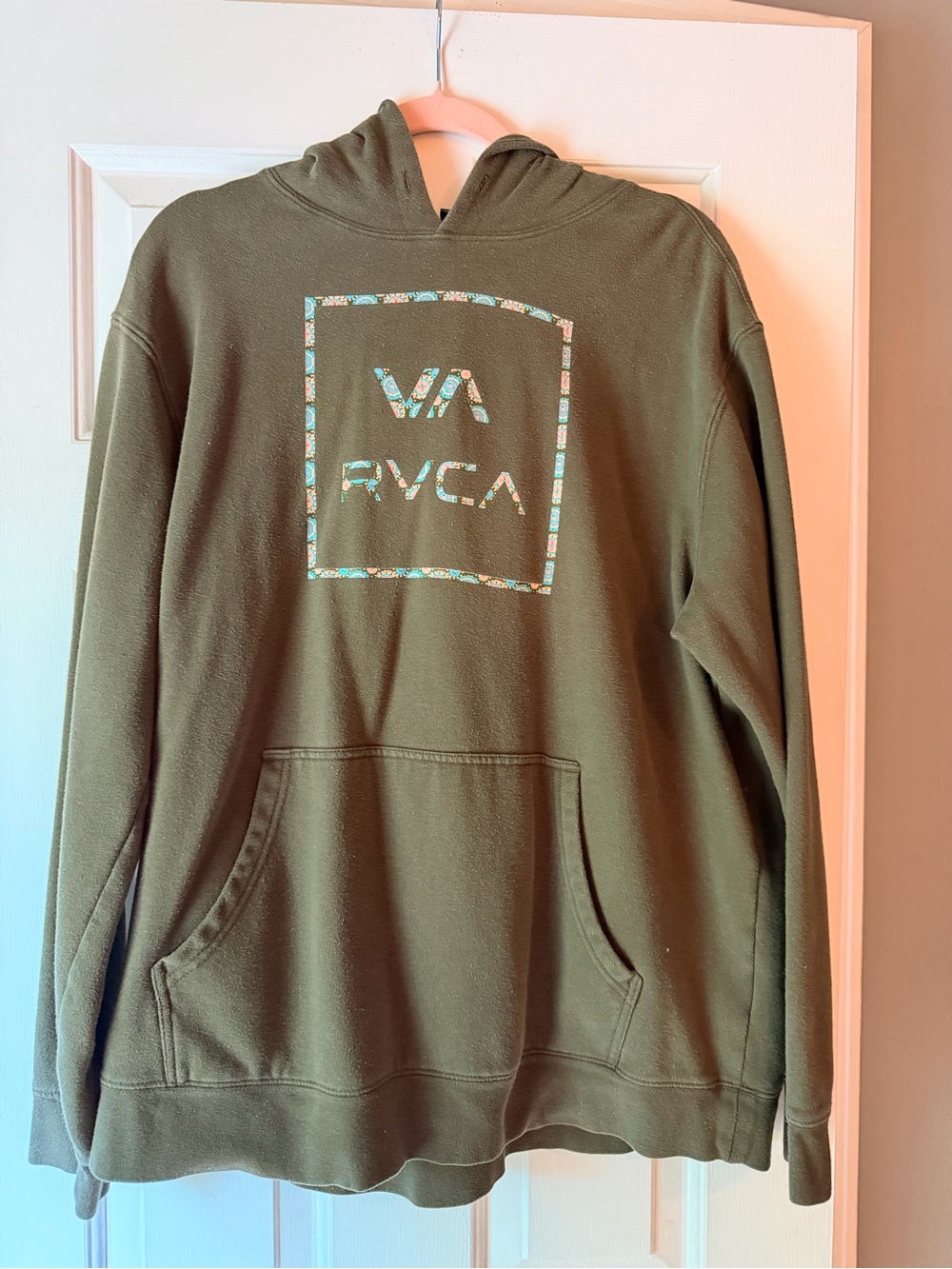 RVCA Olive Green Pullover Hoodie with Patterned Logo